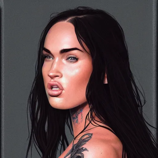 Image similar to megan fox sticking her tongue out, hyperrealistic portrait, photo realistic, poster, artstation, volumetric lighting, digital art, very detailed face by magali villeneuve