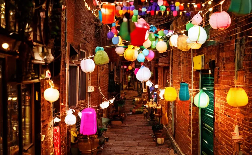 Image similar to mini cafe diorama macro photography, alleyway, ambient, colorful paper lanterns, string lights, romantic