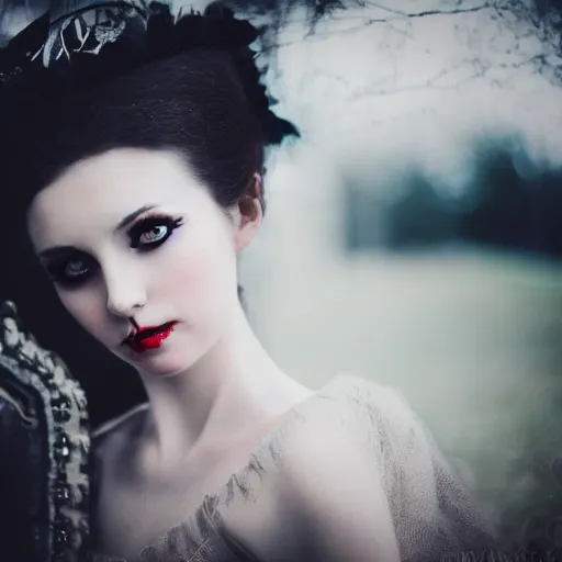 Image similar to A beautiful portrait of a lady vampire, victorian, '20, photography, 35mm, depth of field, bokeh, soft light, cinematic