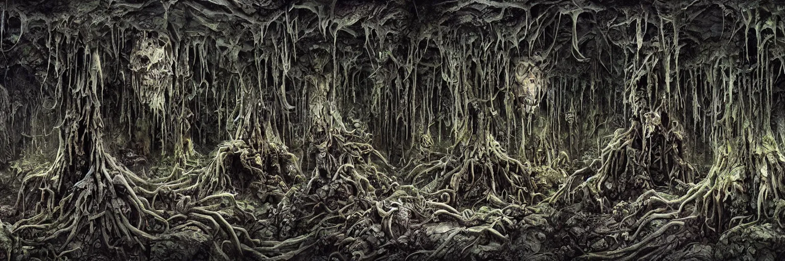 Prompt: underground cave on an exotic alien planet, jungle gates of antler trees, insectile plants, gnarled stumps and weed overgrowth, dark demon face, skull, skeletal remains, by ian miller, rodney matthews and artstation, hyperdetailed, photorealistic render