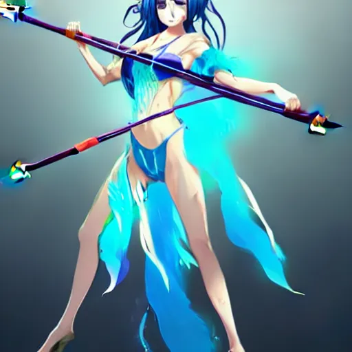 Image similar to an anime woman in an outfit made of water is doing a trick with bow and arrow, concept art by senior character artist, polycount contest winner, process art, concept art, 2d game art, full body, mid shot, artstation hd