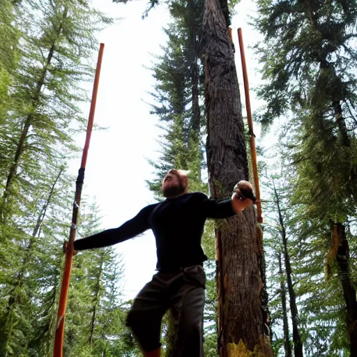 Image similar to Sasquatch practicing caber toss with trees