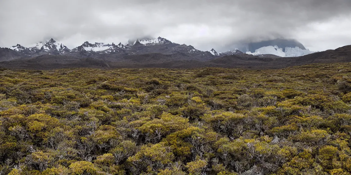 Image similar to Ground view of Rocky clearing in the Patagonian temperate forests. Magellanic, mountainous area. Rare flora, Nothofagus, a few twisted and bent trees. windy environment, shrubs, rocky and poorly drained. Crowberries. Overcast, cloudy. September 12th. Patagonian Chile and Argentina. Trending on Artstation, deviantart, worth1000. By Greg Rutkowski. National Geographic and iNaturalist HD photographs