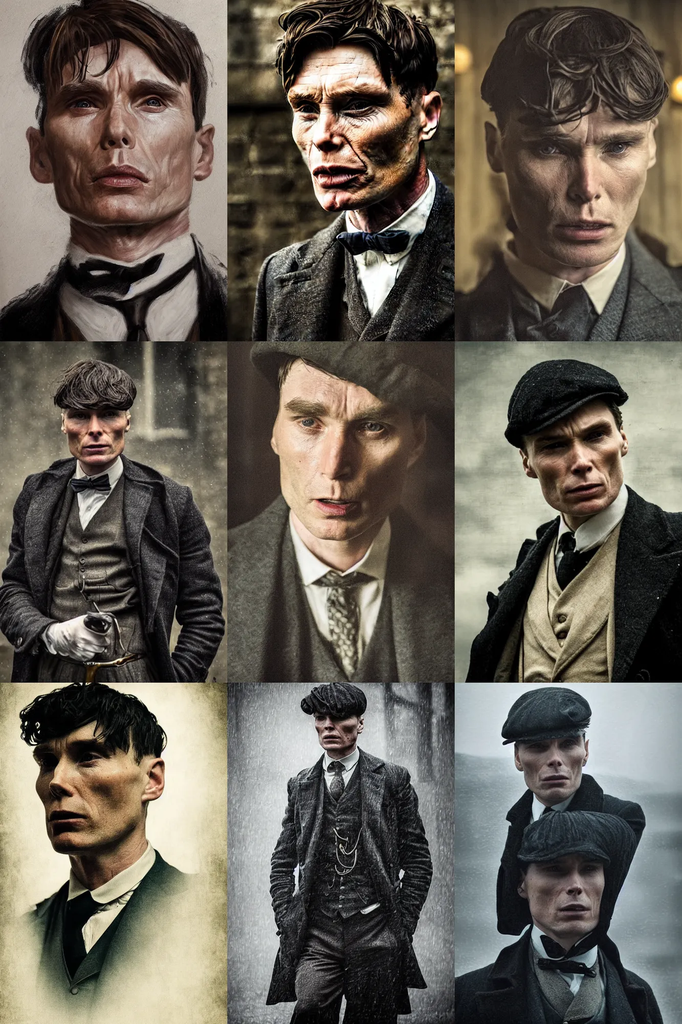 Prompt: portrait Cillian Murphy in Peaky Blinders pain, suffering, doom very very very angry roaring beautiful face, Perfect detailed face, front view dramatic, gloomy, dark, bleak, cheerless, desolate, impressive, tragic, cinematic dull colours, dark colour scheme, atmospheric by Christopher Nolan