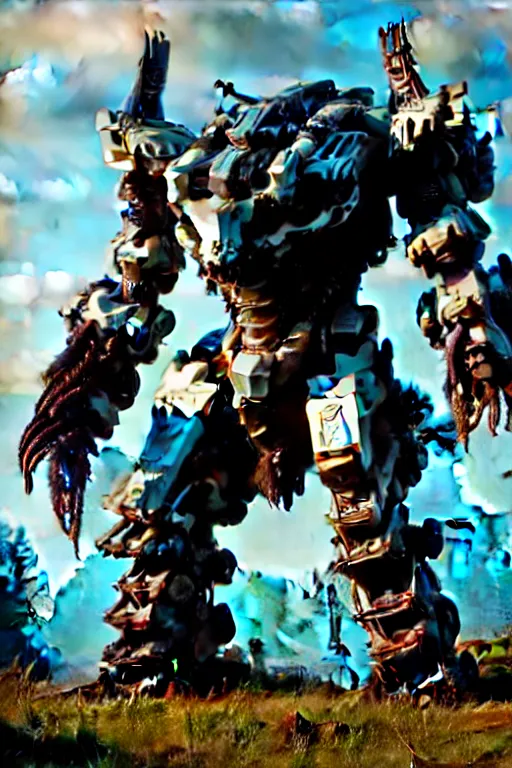 Image similar to a cinematic still from horizon zero dawn and pacific rim and westworld, full body ape mech, armored core, intact humanoid servo, octane render, nvidia raytracing demo, masterpiece, aged armor plating, decipticon armor plating, aggressive head, endoekeleton exposure