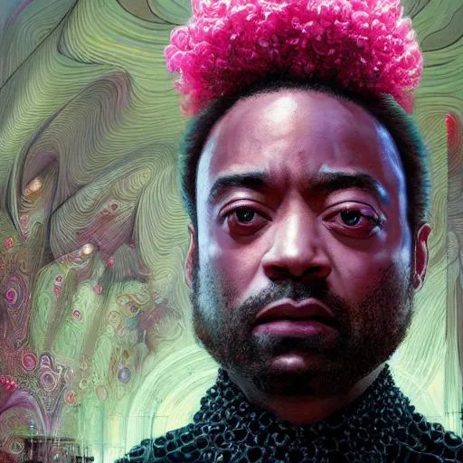 Image similar to portrait of chiwetel ejiofor, hyper detailed masterpiece, neon floral pattern, jean giraud, digital art painting, darkwave goth aesthetic, psychedelic, artgerm, donato giancola and tom bagshaw