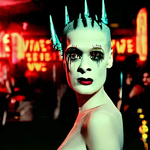 Image similar to cinematic portrait of bride of frankenstein as a replicant in a busy nightclub, frightened and angry, still from the movie bladerunner, fashion photography, a neon sign is in the background