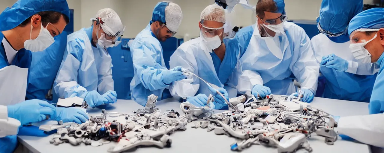 Image similar to three surgeons performing an operation on a jigsaw puzzle on an operating table, 16k, ultra realistic