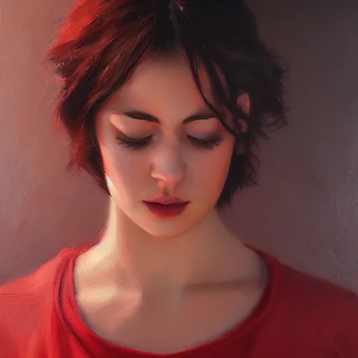 Prompt: a portrait of an intensely lit female, red, oil painting, pale colors, high detail, 8 k, wide angle, trending on artstation,