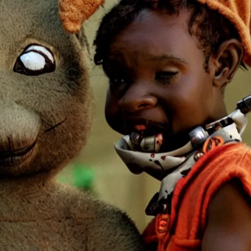 Prompt: a small african boy and a girl in a fox costume, movie still from'tank girl ', afrofuturism, by jamie hewlett and sawoozer and roger ballen,