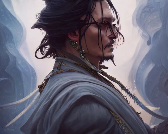 Image similar to photography of johnny depp, deep focus, d & d, fantasy, intricate, elegant, highly detailed, digital painting, artstation, concept art, matte, sharp focus, illustration, hearthstone, art by artgerm and greg rutkowski and alphonse mucha