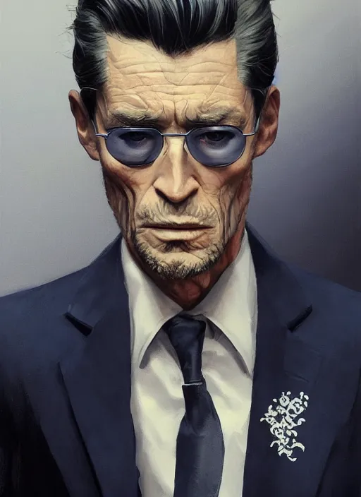 Prompt: full - length portrait of peter o'toole, dressed in a navy blue suit with silver embroidered details, detailed face, fantasy, cinematic lighting, digital art painting, fine details by realistic shaded lighting poster by ilya kuvshinov katsuhiro otomo, magali villeneuve, artgerm, jeremy lipkin and michael garmash and rob rey