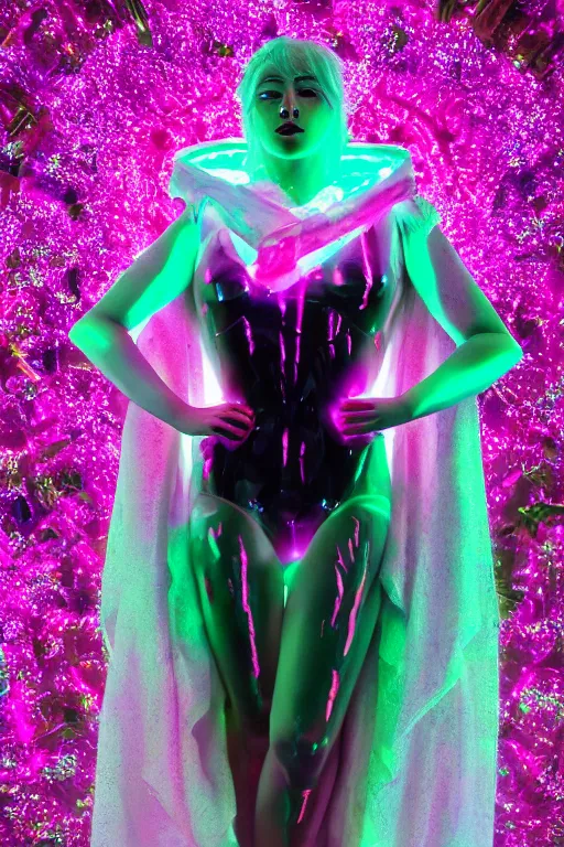 Prompt: photo of fullbody rococo and cyberpunk delicate neon crystalline sculpture of beautiful curvy onyx albino marble goddess as mint iridescent humanoid deity wearing pink plastic hooded cloak holding an onyx rose in an onyx space dungeon, reclining, glowing neon green face, crown of white diamonds, cinematic lighting, photorealistic, octane render 8 k depth of field 3 d