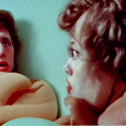 Prompt: still from a 1980 arthouse film about a depressed housewife dressed as a squishy inflatable toy who meets a handsome younger man in a seedy motel room, color film, 16mm soft light, art on the wall