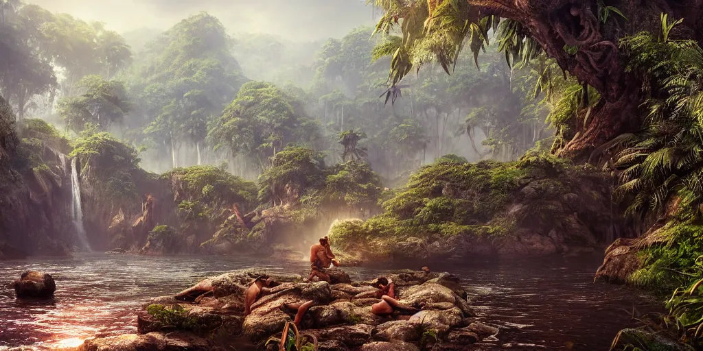 Prompt: beautiful landscape, jungle environment, film, dramatic, cinematic, highly detailed, mid day, large scale, hyperrealistic, realistic lighting, octane render, by wlop, artgerm, trending on artstation hd, 8 k, clear, sharp