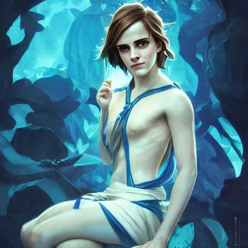 Image similar to Emma Watson as a blue Navi from the Avatar movie, highly detailed, digital painting, artstation, concept art, sharp focus, illustration, art by greg rutkowski and alphonse mucha