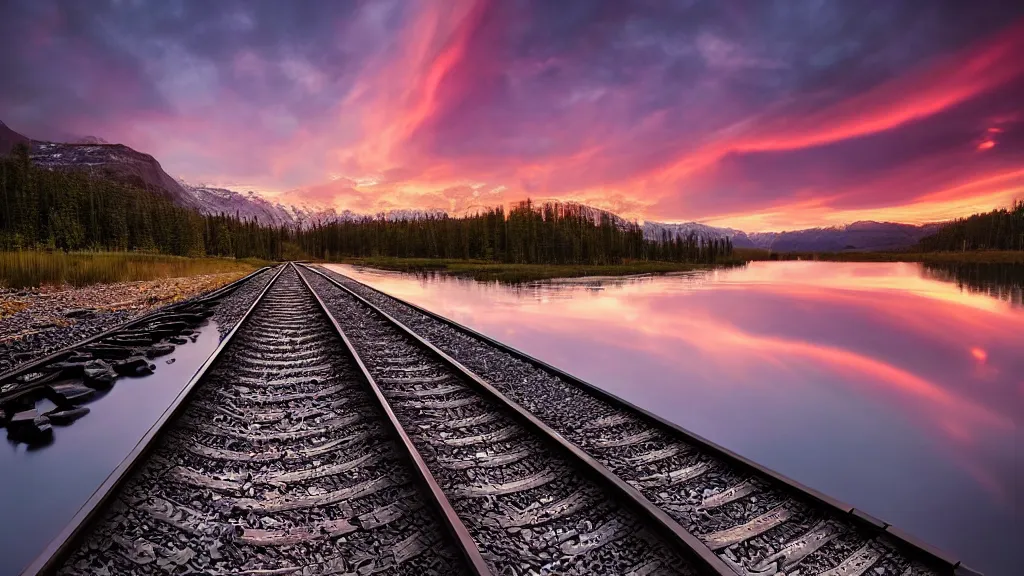 Image similar to amazing landscape photo of a lonely train track over a lake in sunset by marc adamus, beautiful dramatic lighting