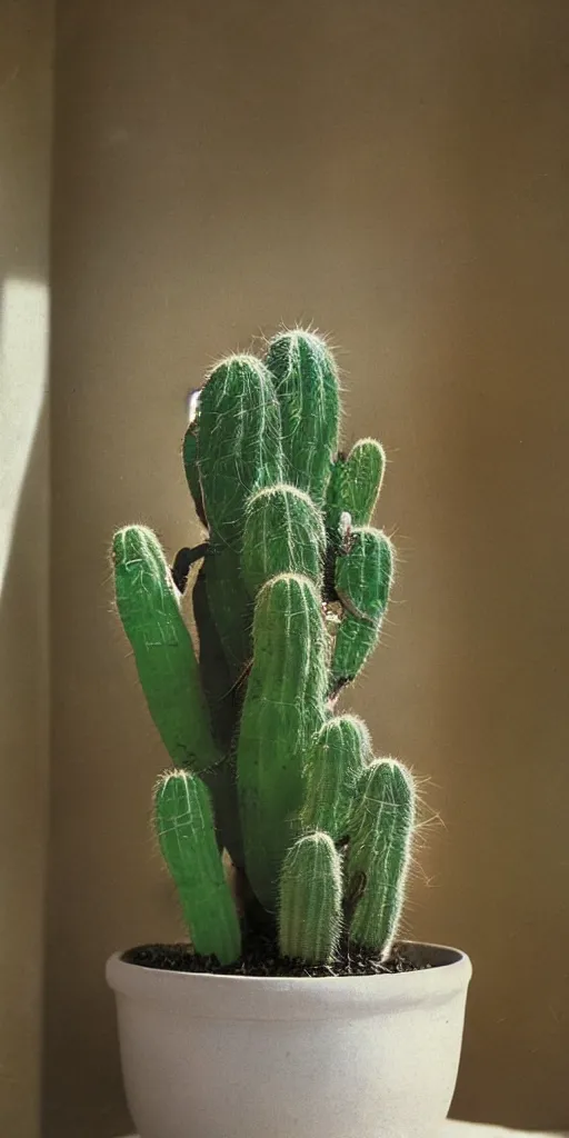 Prompt: 1980s magazine photo of potted cactus inside a ceramic pot with a face on it, next to a window with dappled natural light, smoky