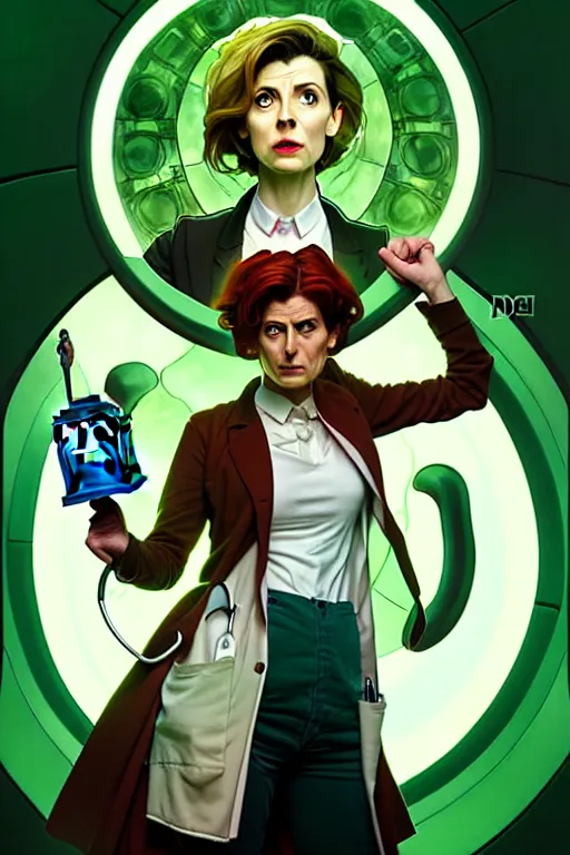 Image similar to doctor who, woman, as a mad dentist, on a plain green background, art by artgerm and greg rutkowski and alphonse mucha