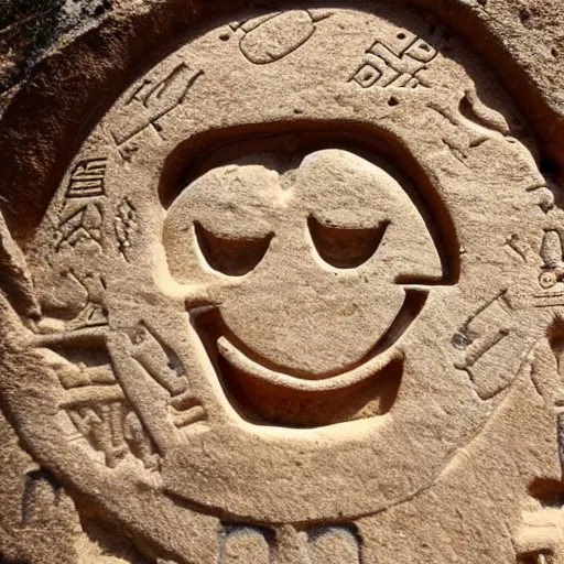 Image similar to smiley face crying face cold face emoji hieroglyphs on cave wall