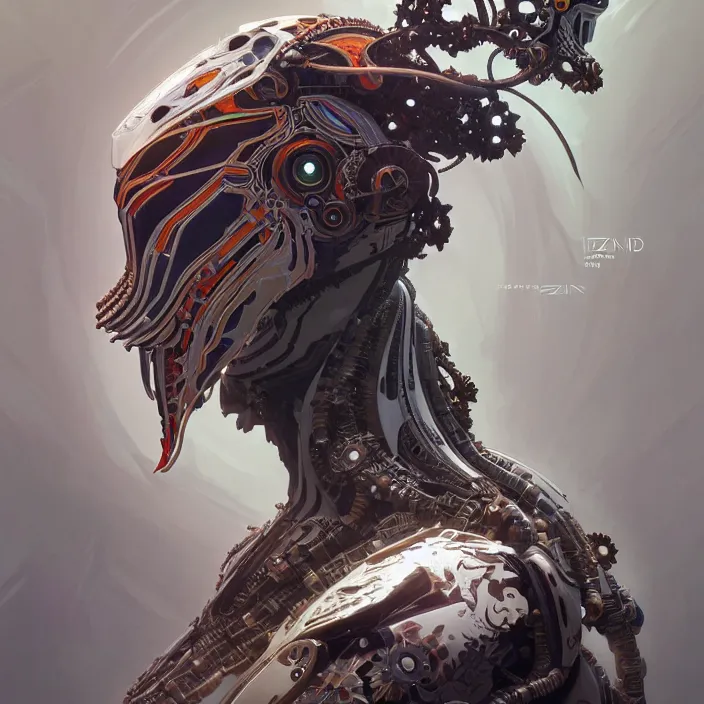 Image similar to symmetry! portrait of a hybrid robot helhound, floral! horizon zero dawn machine, intricate, elegant, highly detailed, digital painting, artstation, concept art, smooth, sharp focus, illustration, art by artgerm and greg rutkowski and alphonse mucha, 8 k