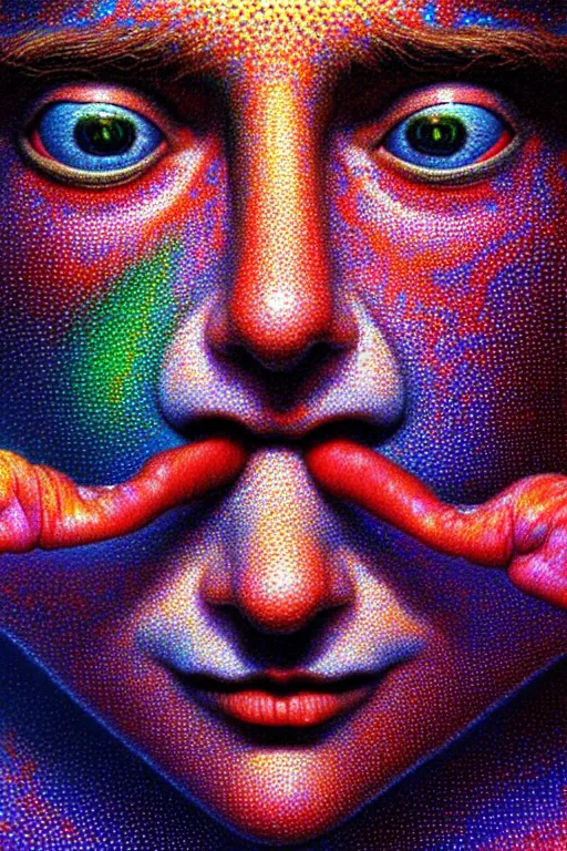 Image similar to hyperrealistic close-up pointillism psychedelic elf in another dimension!! highly detailed concept art eric zener elson peter cinematic hard synthweave lighting high angle hd 8k sharp shallow depth of field, inspired by David Paul Cronenberg and Zdzisław Beksiński