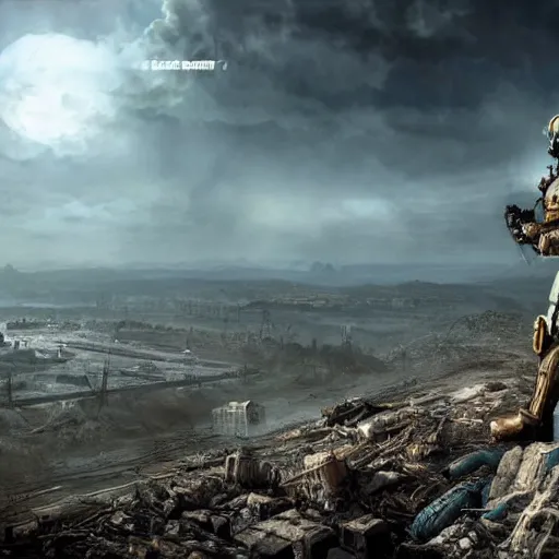 Prompt: man in fallout 3 power armor on a high cliff looking at a nuclear bombed city off in the distance, high resolution fantasy concept art, realistic, intricate details, soft lighting