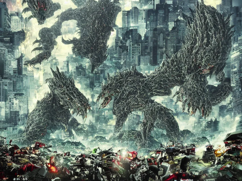 Prompt: Heisei era Biollante kaiju destroying a city