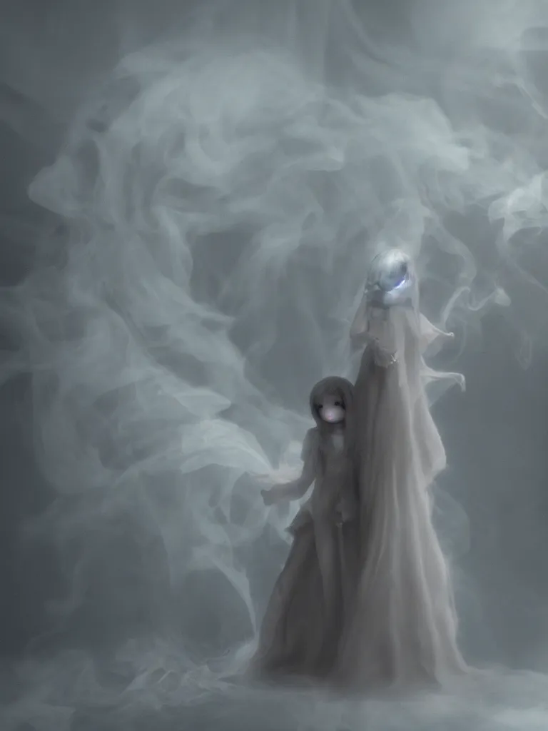 Prompt: cute fumo plush gothic angel maiden girl ghost wraith making an apparition in an abandoned throne room, wisps of smoke and glowing volumetric fog, vignette, orthographic, vray
