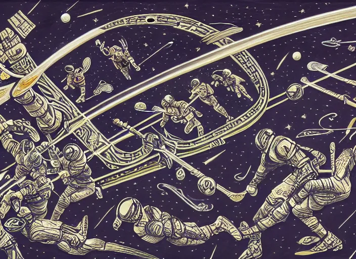 Image similar to lacrosse team playing chitauri, intergalactic championship, in space, highly detailed, 8k, intricate, engraving