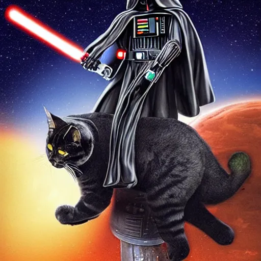 Prompt: Darth Vader with lightsaber in hand, riding a giant tabby cat in space.