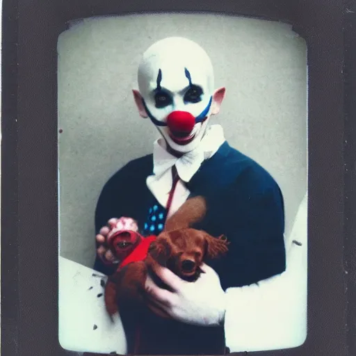 Prompt: Old polaroid photo of a Clown-Vampire with cute puppy