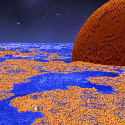 Image similar to realistic photo of a rocky alien planet with water in the dark space seen from an space probe, with blue and yellow continents, unreal engine, blender