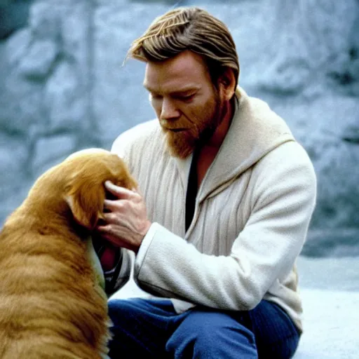 Image similar to ewan mcgregor as obi - wan kenobi petting a puppy, spontaneous portrait, rule of thirds, perfect fact