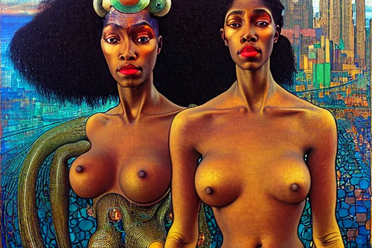 Image similar to realistic extremely detailed portrait painting of a beautiful black woman with a robot, city street on background by Jean Delville, Amano, Yves Tanguy, Ilya Repin, William Holman Hunt, Alphonse Mucha, Ernst Haeckel, Edward Robert Hughes, Roger Dean, rich moody colours