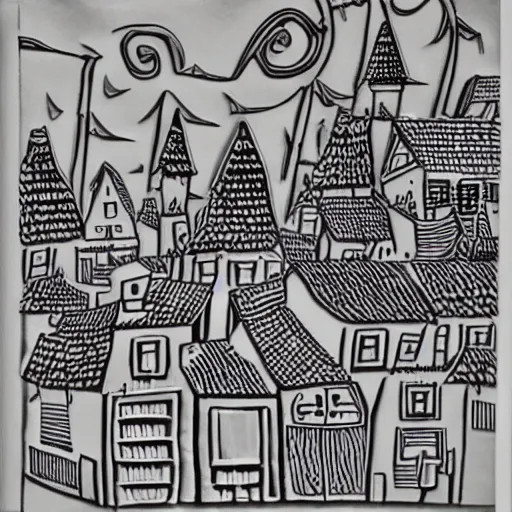 Image similar to linoart of a fantasy village