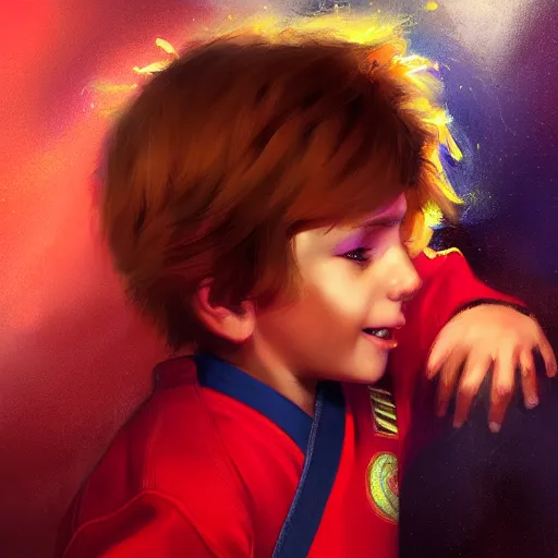 Image similar to colorful and festive captivating young child boy, brown fluffy hair, wearing red and yellow hero suit, playing jokenpo. full body, rich vivid colors, ambient lighting, dynamic lighting, 4 k, atmospheric lighting, painted, intricate, highly detailed by charlie bowater