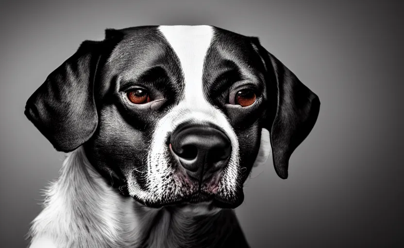 Prompt: studio photography of a dog, detailed face, hyper realistic, cinematic lighting, dark atmosphere, 8 k