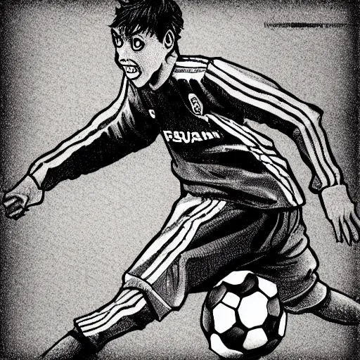 Image similar to a man scoring a goal, soccer, horror, in the style of Junji Ito