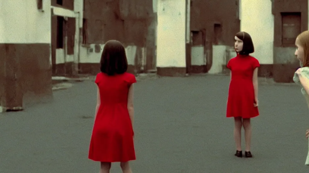 Image similar to A girl in a mod dress confronts the void, Film still from Wes Anderson, wide lens