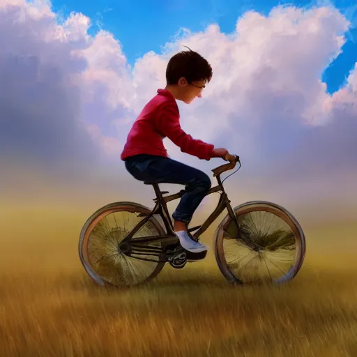 Prompt: A boy riding a bicycle flying through the clouds, painting, trending in artstation, artstationHD, artstationHQ, highly detailed, 4k