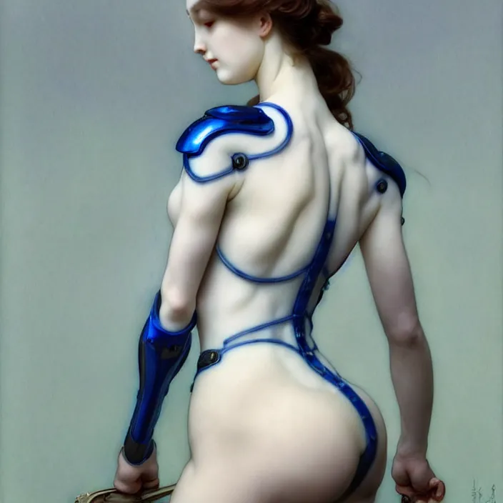 Image similar to porcelain cyborg, Chinese Blue and white porcelain exoskeleton 14th century, diffuse lighting, fantasy, elegant, lifelike, photorealistic, digital painting, artstation, illustration, concept art, smooth, sharp focus, art by John Collier and Albert Aublet and Krenz Cushart and Artem Demura and Alphonse Mucha