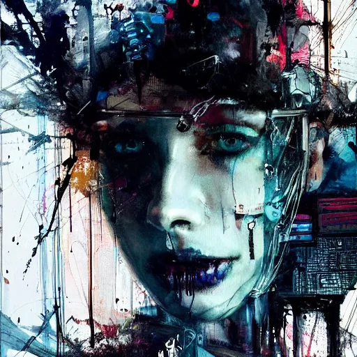 Image similar to a cyberpunk noir detective, skulls, wires cybernetic implants, machine noir grimcore in cyberspace photoreal, atmospheric by jeremy mann francis bacon and agnes cecile, ink drips paint smears digital glitches