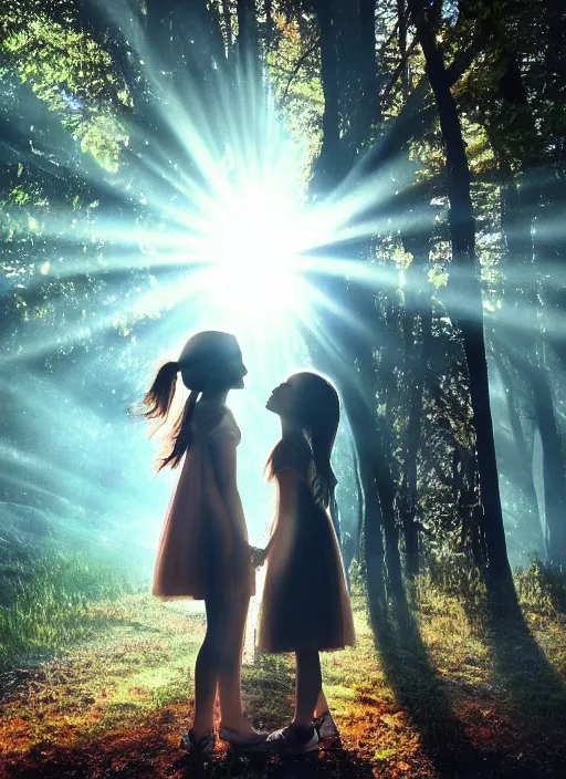 Prompt: a beautiful detailed photo of a girl kissing another girl with god rays shining through trees on a post - apocolyptic world, realistic, f 8, 4 k hd wallpaper