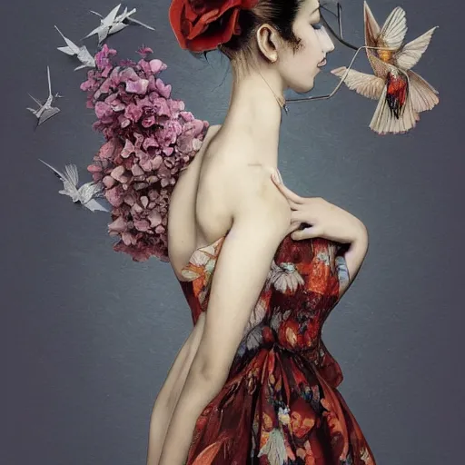 Image similar to 3 / 4 view of a beautiful girl wearing an origami dress, eye - level medium shot, fine floral ornaments in cloth and hair, hummingbirds, elegant, by eiko ishioka, givenchy, henri de toulouse - lautrec, by peter mohrbacher, centered, fresh colors, origami, fashion, detailed illustration, vogue, japanese, reallusion character creator