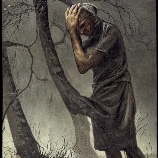 Prompt: The installation art shows a man caught in a storm, buffeted by wind and rain. He clings to a tree for support, but the tree is bent nearly double by the force of the storm. The man's clothing is soaked through and his hair is plastered to his head. His face is contorted with fear and effort. Babylonian by Bruno Munari, by Kazuo Koike energetic