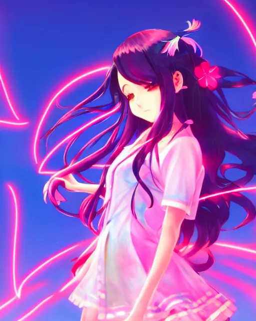 Image similar to anime style, vivid, expressive, full body, 4 k, painting, a cute magical girl idol with a long wavy hair wearing a kimono outfit, correct proportions, stunning, realistic light and shadow effects, neon lights, studio ghibly makoto shinkai yuji yamaguchi