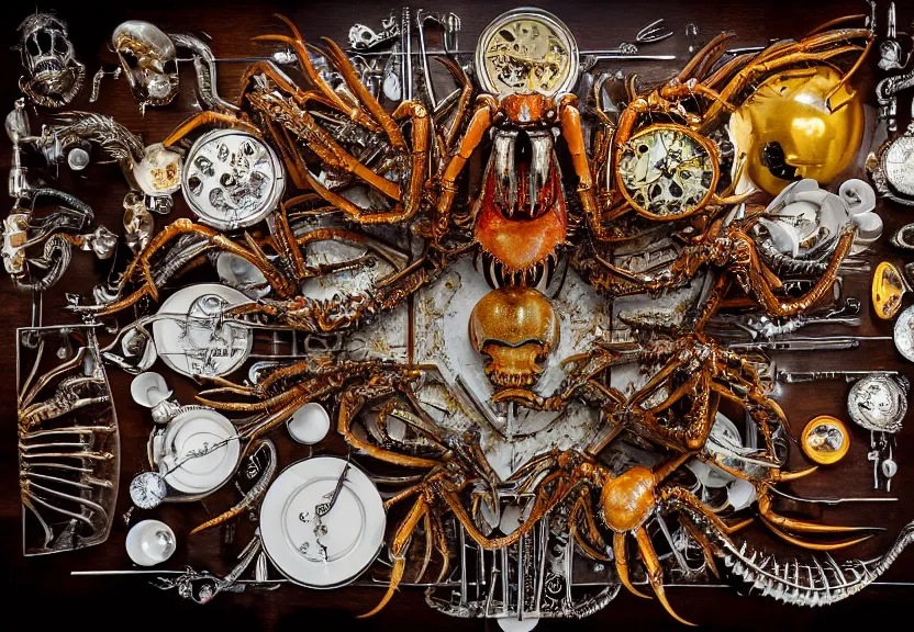 Prompt: simplicity. an opulent banquet of food on a table covered with golden clockwork lobster and turquoise clockwork spiders and silver clockwork king crabs and huge gemstone animal skulls. biomechanical giger ’ s xenomorph. the thing. the blob. low angle. reclaimed lumber, detailed and intricate environment, hyperrealism, food photography, rembrandt