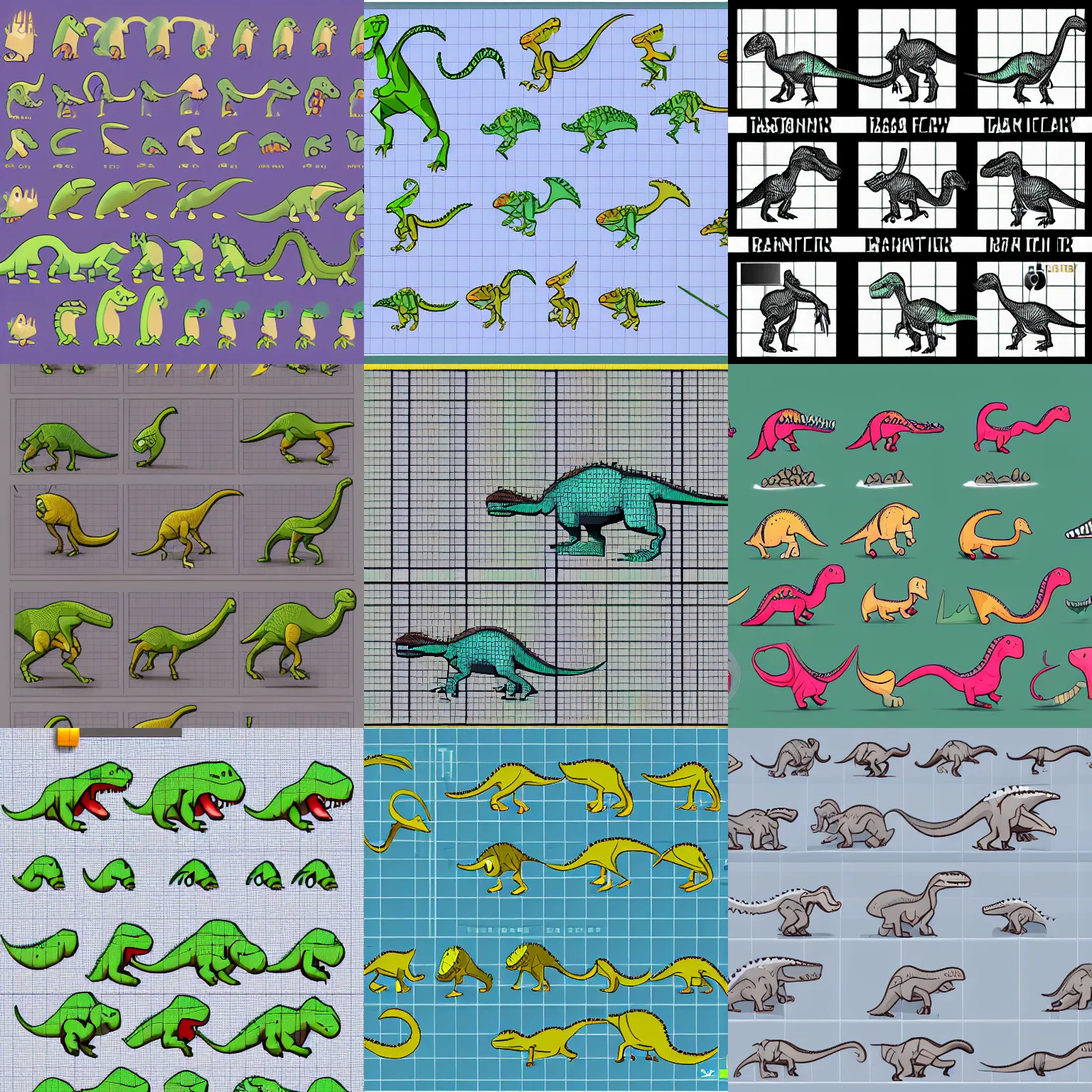 Prompt: a dinosaur running sprite sheet animation, production ready, clean lines, 3 x 3 grid