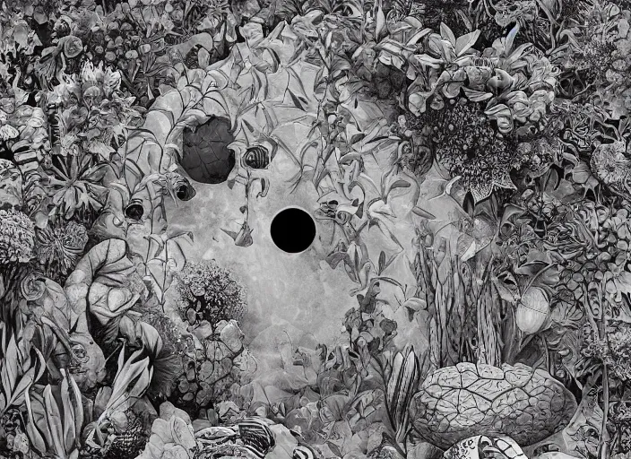 Prompt: a painting of biп stone surrounded by a lot of beautiful flowers and exotic plants, a detailed painting by naranbaatar ganbold and james jean, behance contest winner, space art, ultrafine detailed painting, biomorphic, black and white, line art, high detail